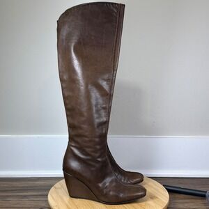 Luc Berjen Tall Wedge Boots Women 37 Brown Leather Knee High Zip Minimalist Good